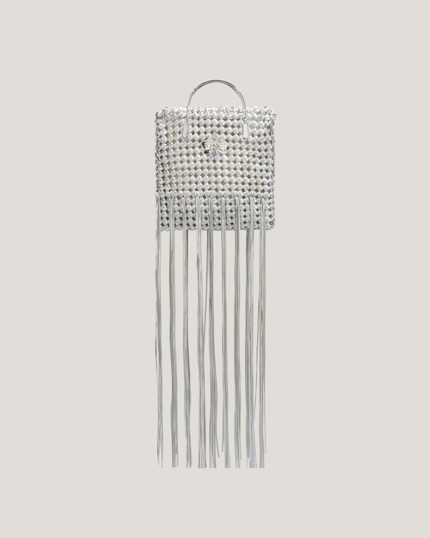 Woven leather bag with fringes