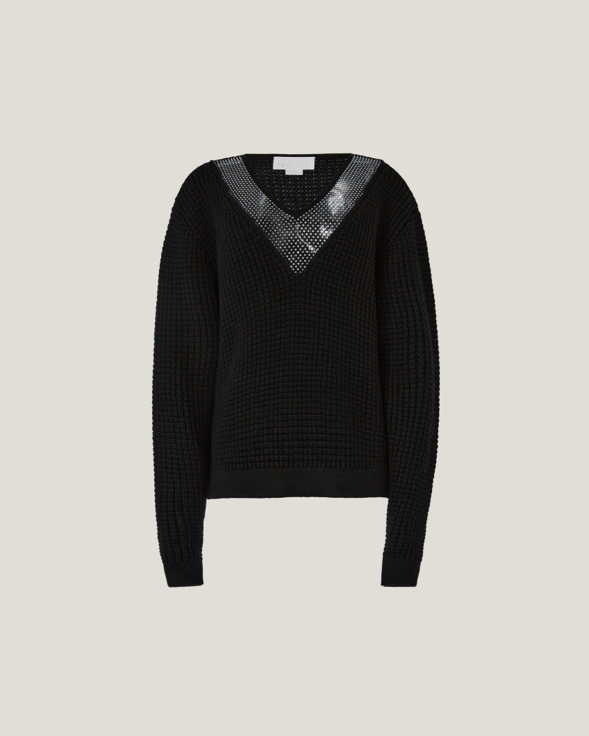 Sweater with rhinestone neckline