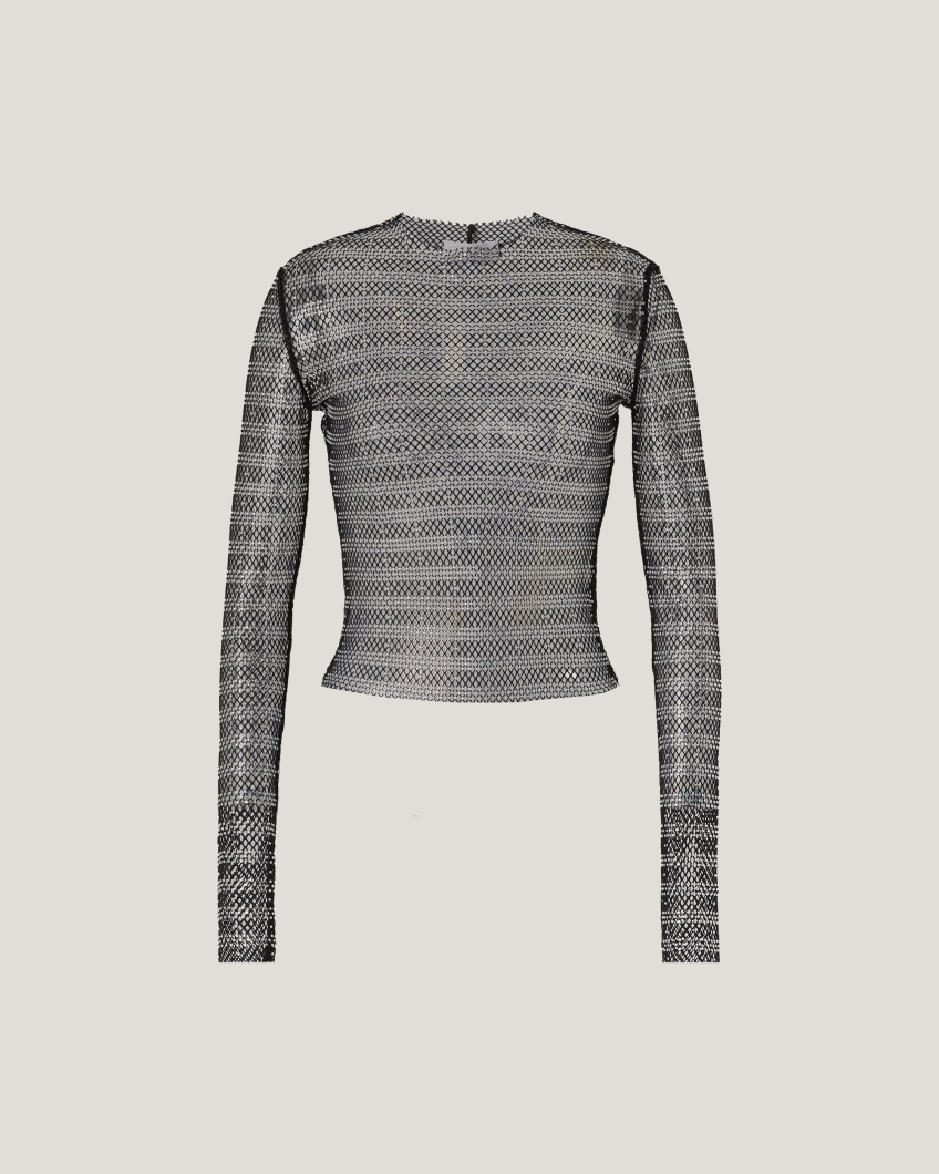 Tailored top with rhinestone mesh