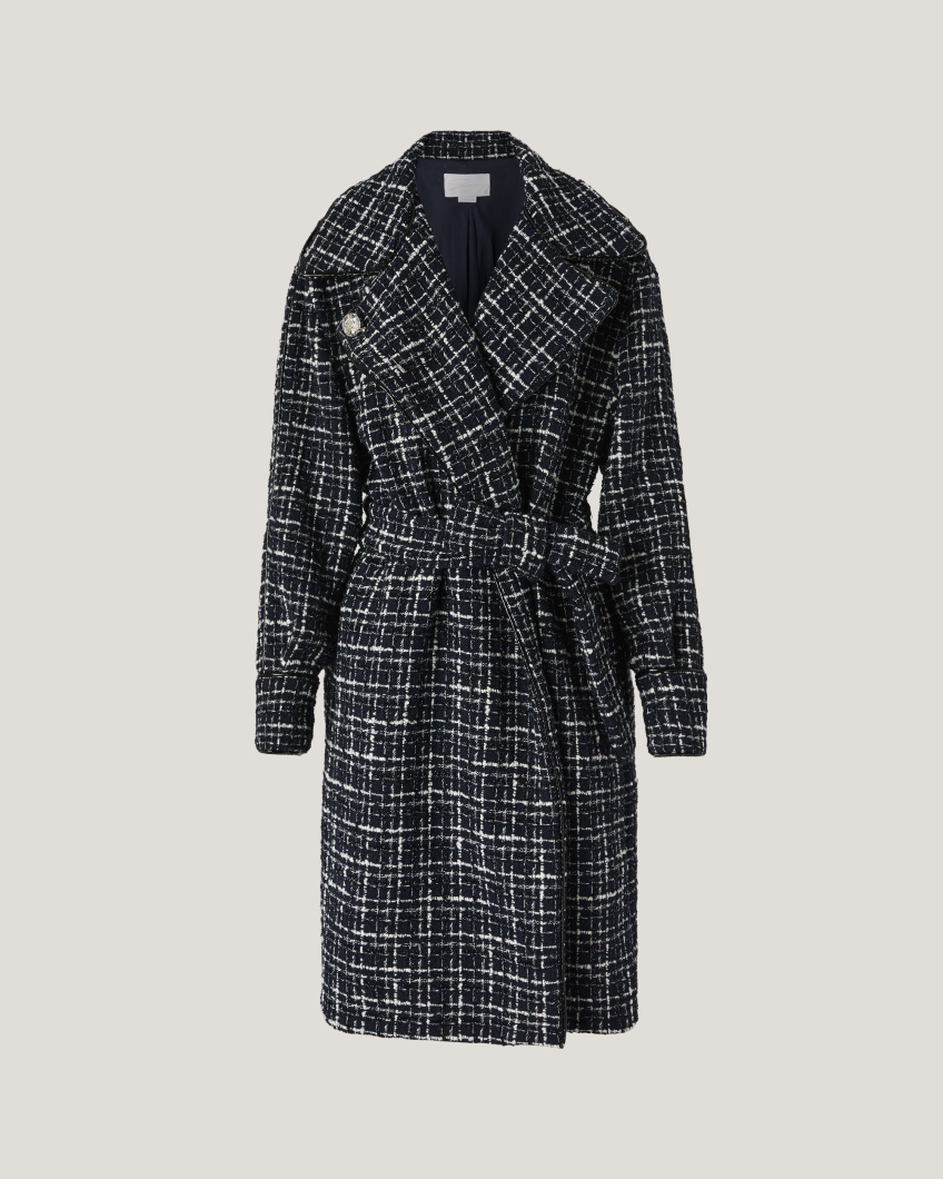 Double-breasted tweed laminated wool coat