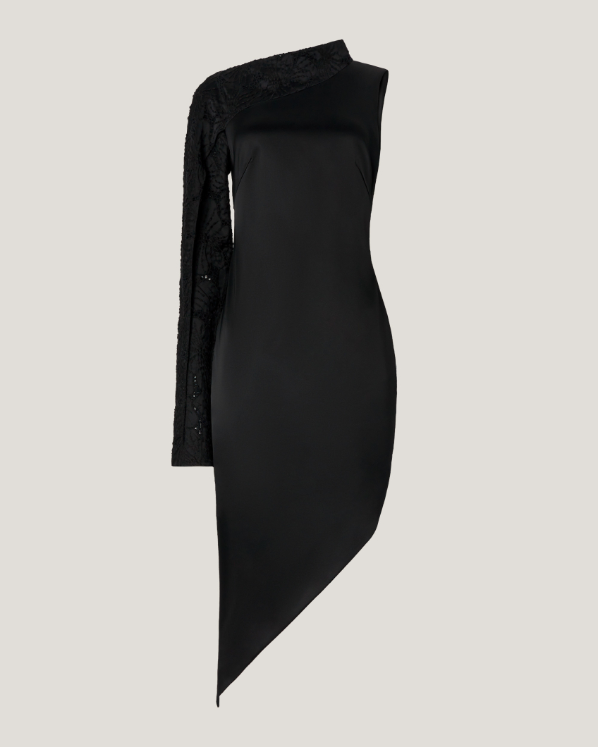 One-shoulder dress with embroidered sleeve