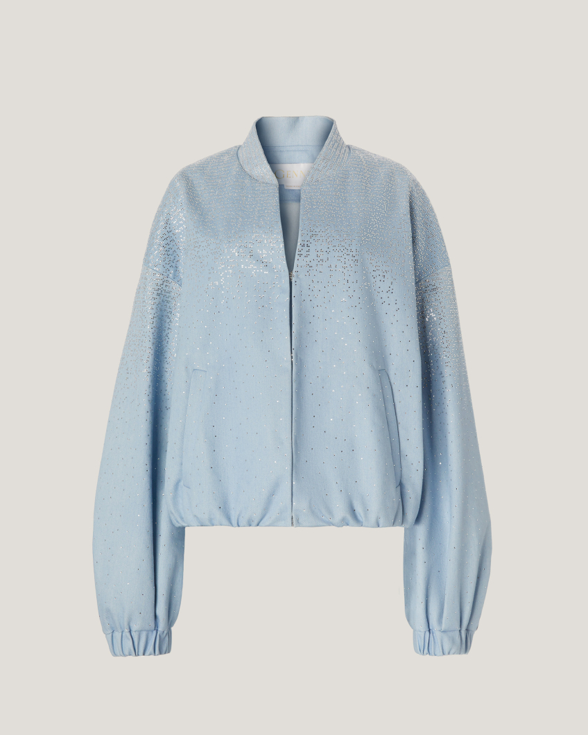 Denim bomber with gradient Blockchain rhinestones