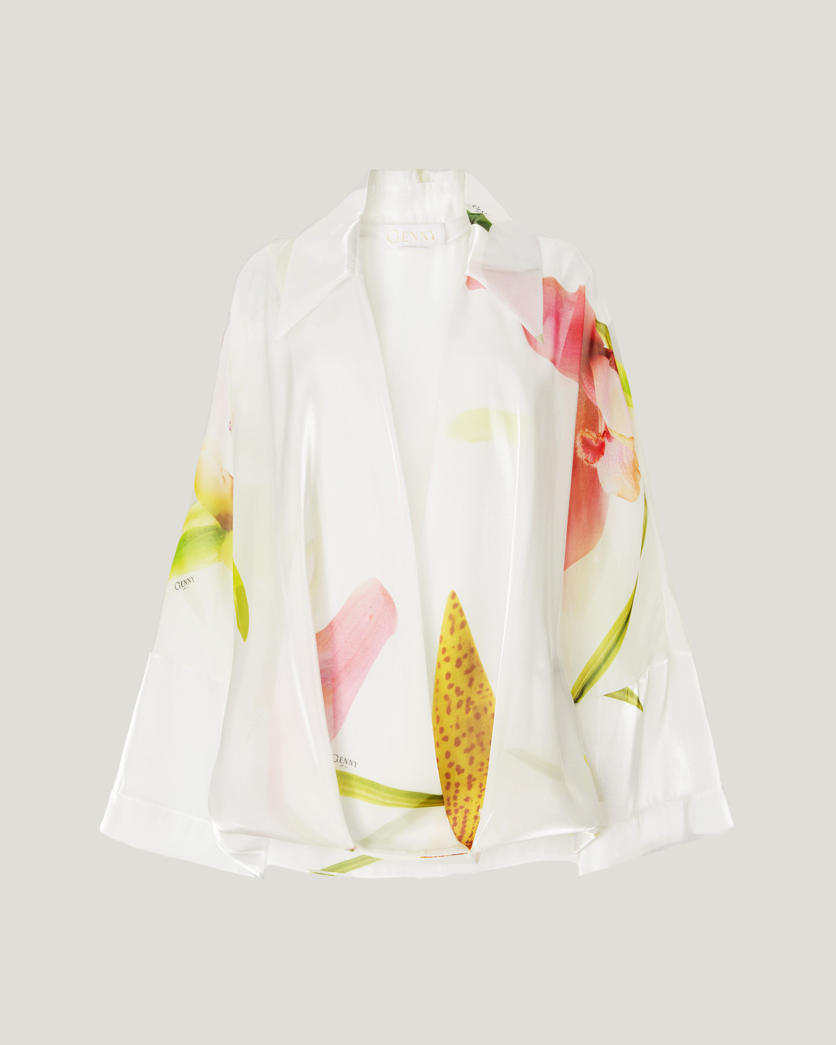 Kimono-Style organza shirt with Orchid print | Resort 2025 Collection, Tops & Blouses, Shirts, Spring Summer 2025, Beachwear, Formal Suit, Mother’s Day Gifts, Ready to Wear, New Arrivals, Private sale, Private sale, Sale- mid season | Genny