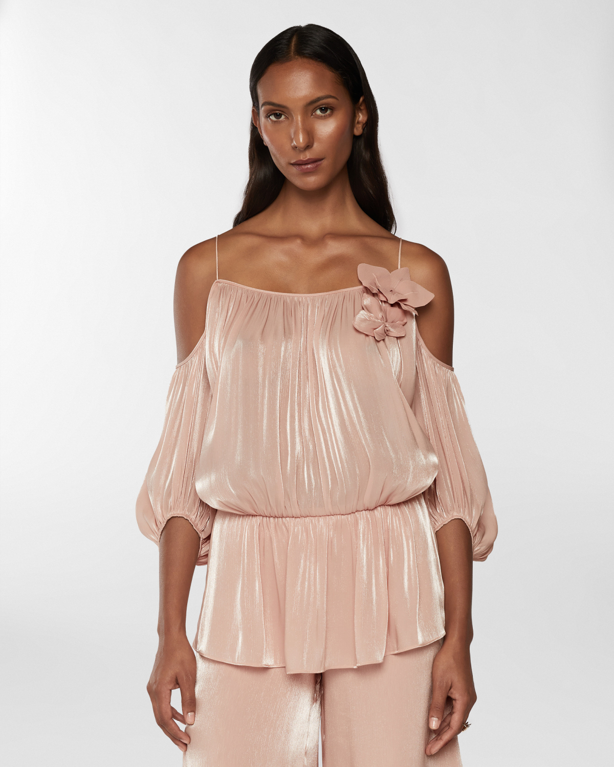 Draped top with three-dimensional Orchids | Resort 2025 Collection, Tops & Blouses, Blouses, Spring Summer 2025, Ceremony Outfit, Formal Suit, Ready to Wear, New Arrivals, Private sale, Sale- mid season | Genny
