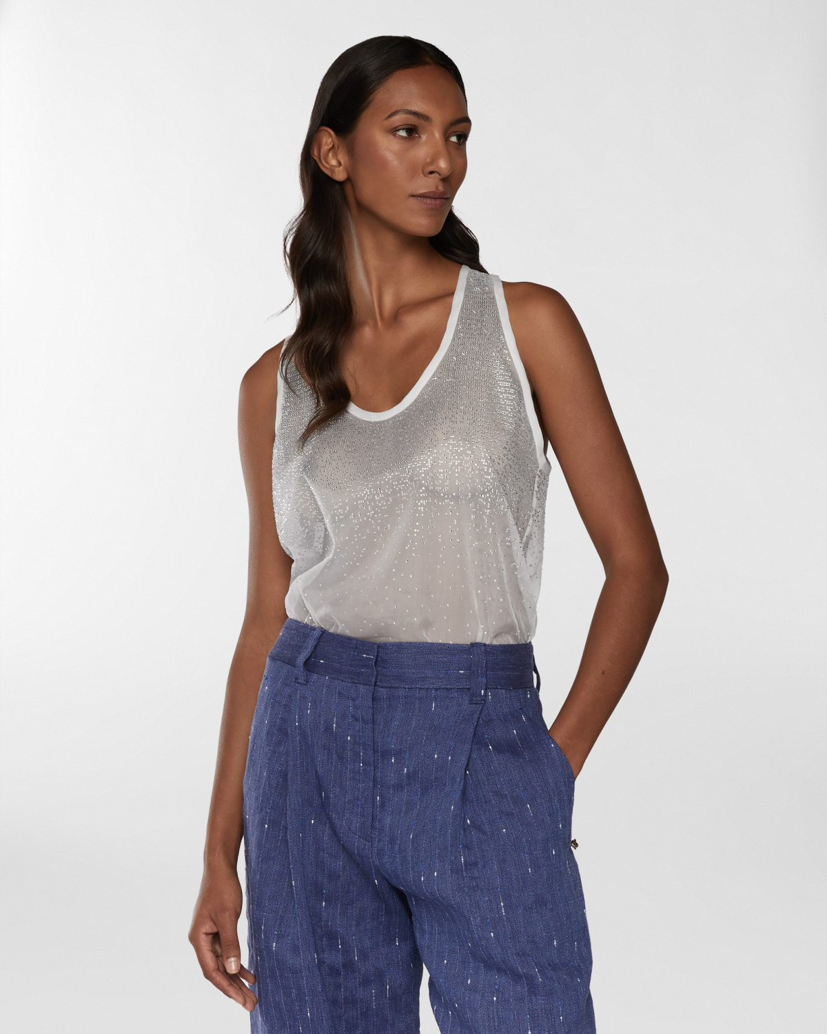 Silk top with gradient Blockchain rhinestones | Resort 2025 Collection, Tops & Blouses, Spring Summer 2025, Formal Suit, Mother’s Day Gifts, Ready to Wear, Highlights, Private sale, Sale- mid season, Mid season sale-20% | Genny