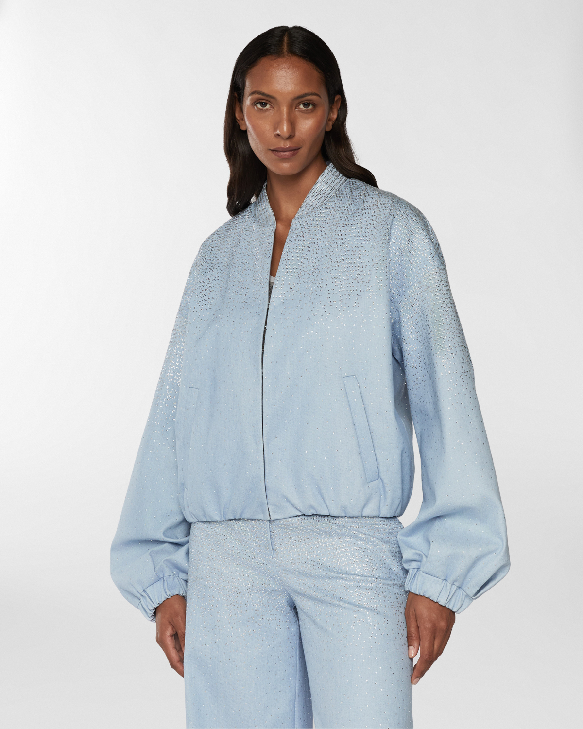Denim bomber with gradient Blockchain rhinestones | Resort 2025 Collection, Coats & Jackets, Jackets, Spring Summer 2025, Mother’s Day Gifts, Ready to Wear, New Arrivals, Private sale, Mid season sale -30%, Sale- mid season | Genny
