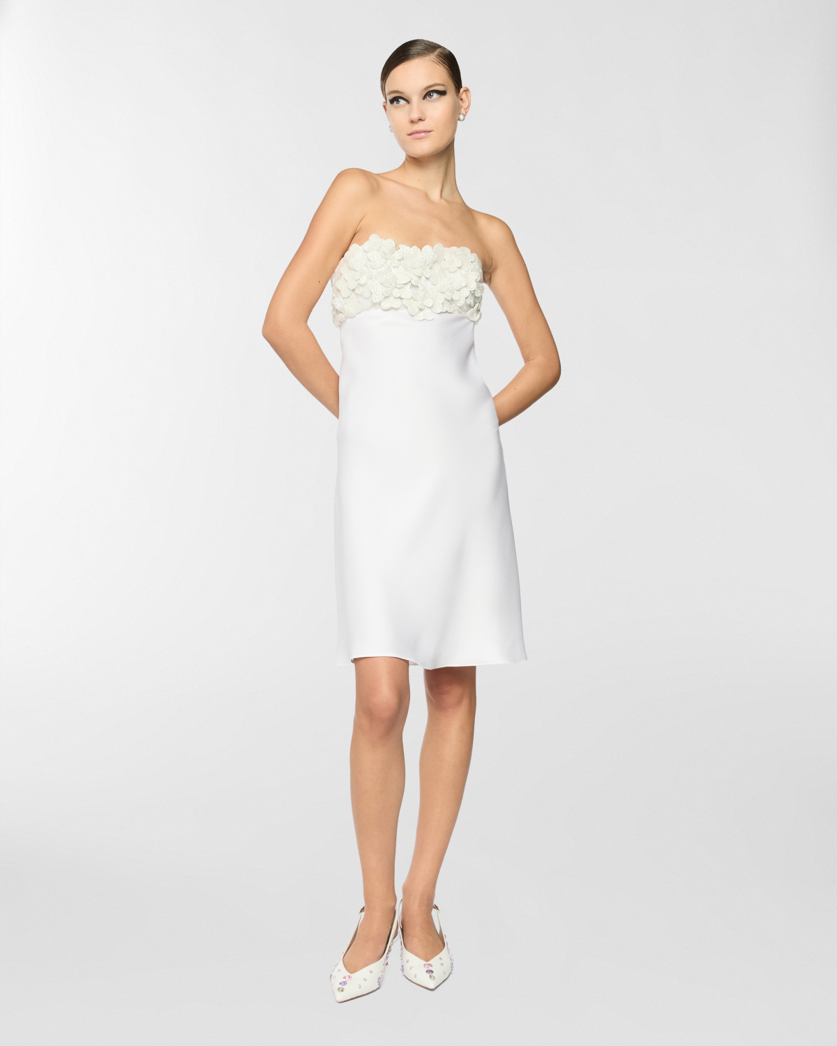 Satin dress with embroidered neckline | Spring Summer 2025 Collection, Dresses & Jumpsuits, Mini dresses, Spring Summer 2025, Ceremony dresses, Ceremony Outfit, Embroideries and sequins, Mother’s Day Gifts, Ready to Wear, New Arrivals, Private sale, Mid season sale -30%, Sale- mid season | Genny