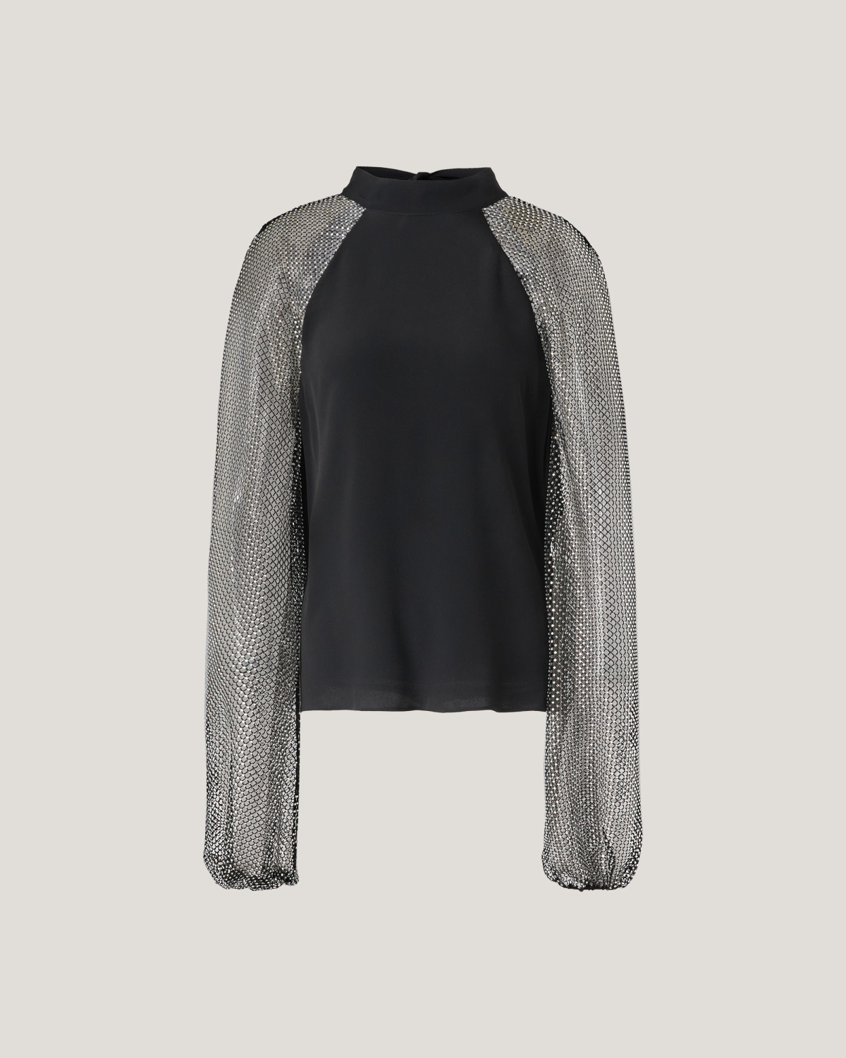 Silk-blend top with rhinestone mesh sleeves | Fall Winter 2025, Strass | Genny