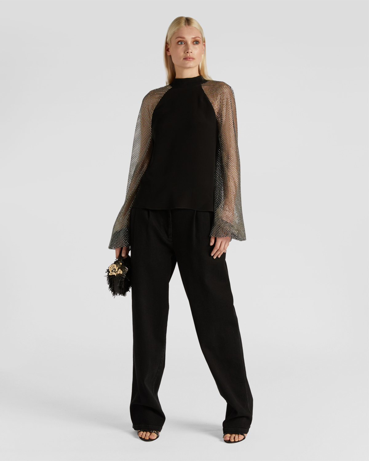 Silk-blend top with rhinestone mesh sleeves | Fall Winter 2025, Strass | Genny