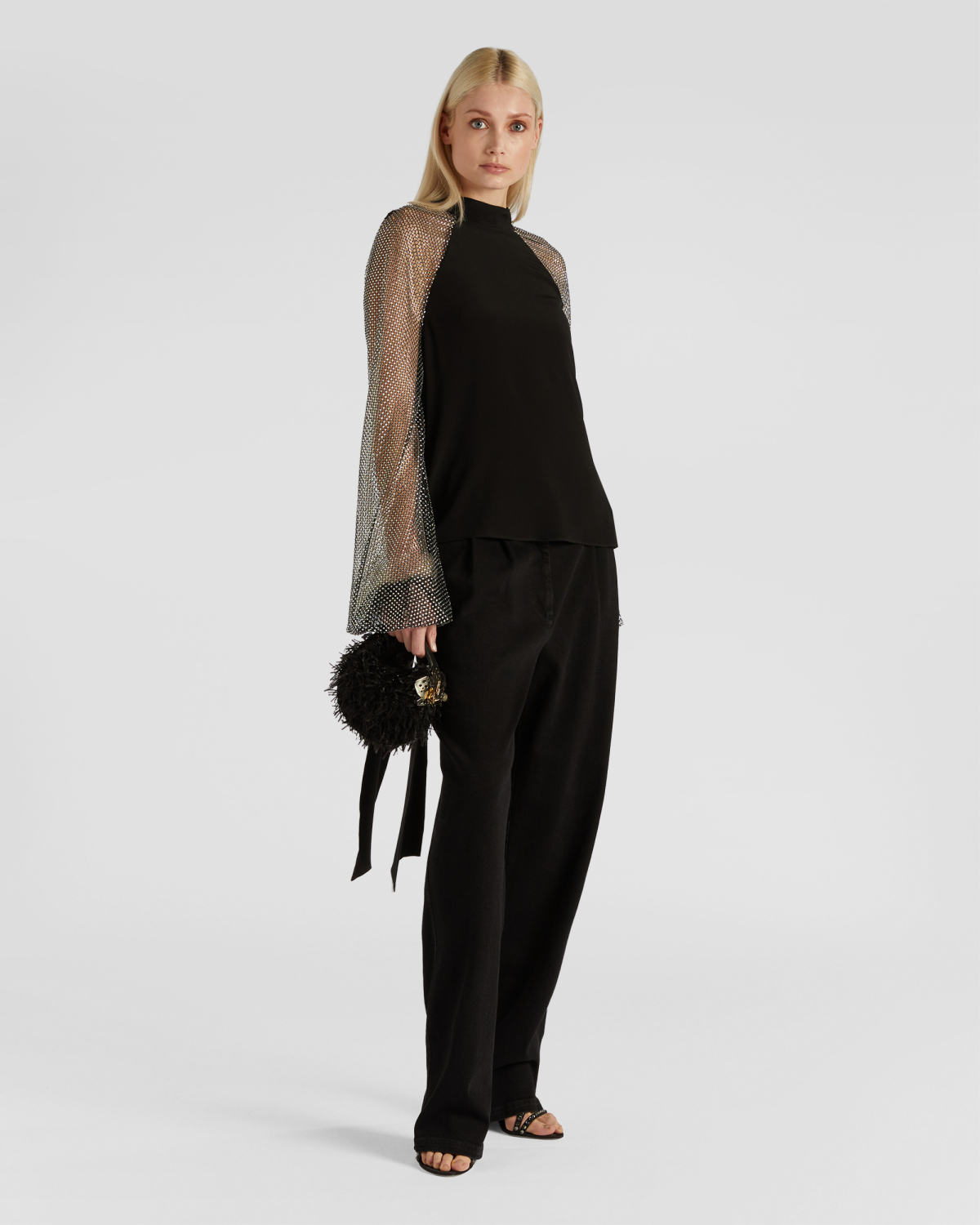 Silk-blend top with rhinestone mesh sleeves | Fall Winter 2025, Strass | Genny