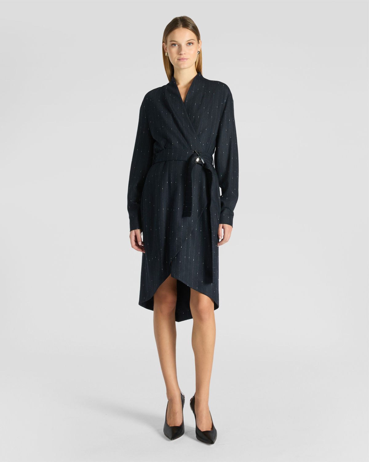 Pinstripe Wool Wrap Dress | Fall Winter 2025 | Genny