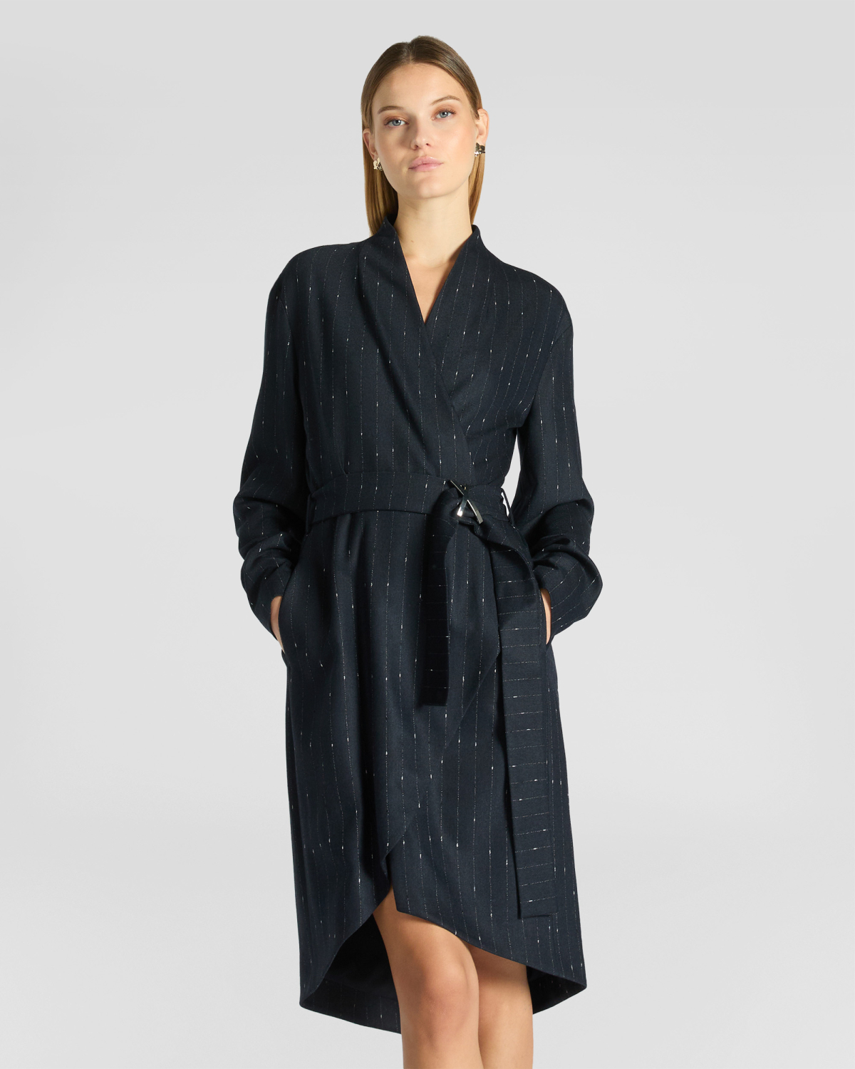 Pinstripe Wool Wrap Dress | Fall Winter 2025 | Genny