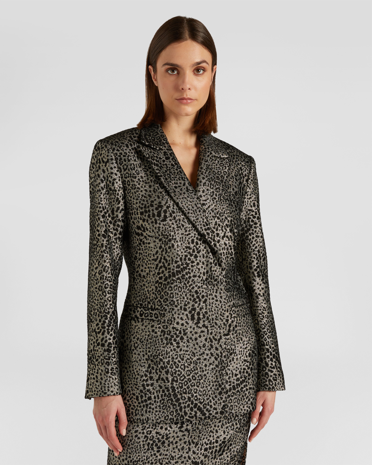 Double-breasted animalier lurex coat | Fall Winter 2025 | Genny