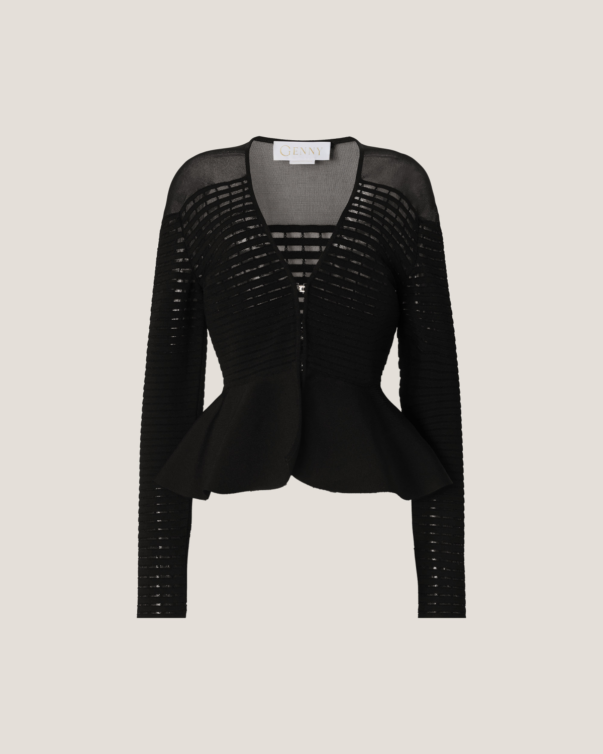 V-Neck top with godet peplum | Resort 2025 Collection, Knitted tops, Tops & Blouses, Knitwear, Spring Summer 2025, Ready to Wear, Highlights, Private sale, Mid season sale -30%, Sale- mid season | Genny
