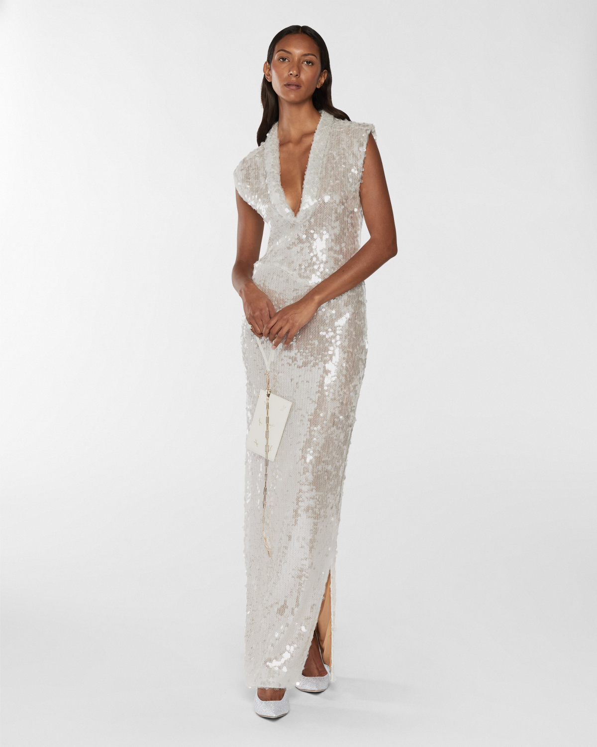 Sequin dress with draped neckline | Resort 2025 Collection, Dresses & Jumpsuits, Evening and Cocktail dresses, Spring Summer 2025, Ceremony dresses, Ceremony Outfit, Long Dresses, Embroideries and sequins, Ready to Wear, Highlights | Genny
