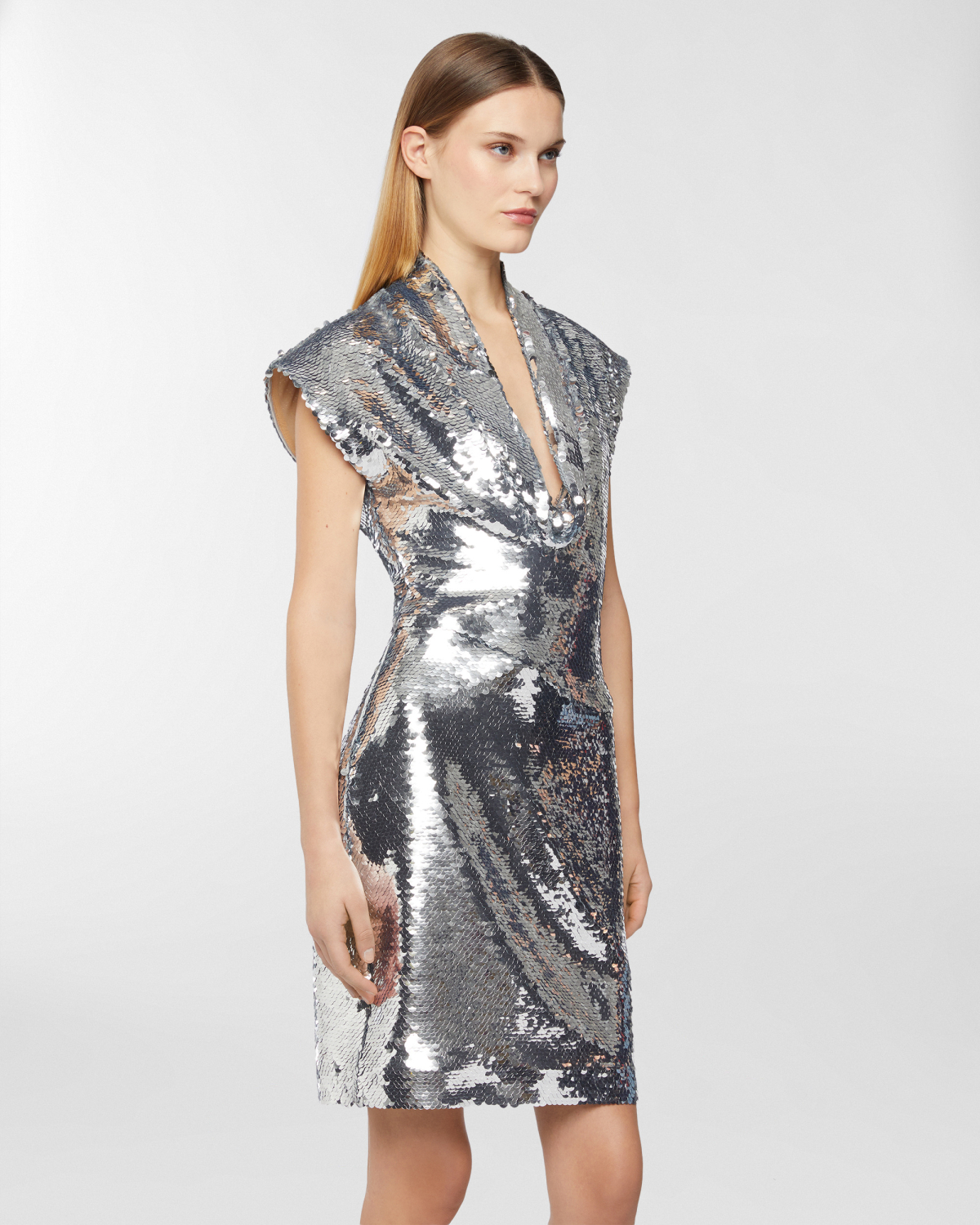 Sequin dress with draped neckline | Dresses & Jumpsuits, Resort 2025 Collection, Evening and Cocktail dresses, Mini dresses, Embroideries and sequins, Ready to Wear, Highlights | Genny