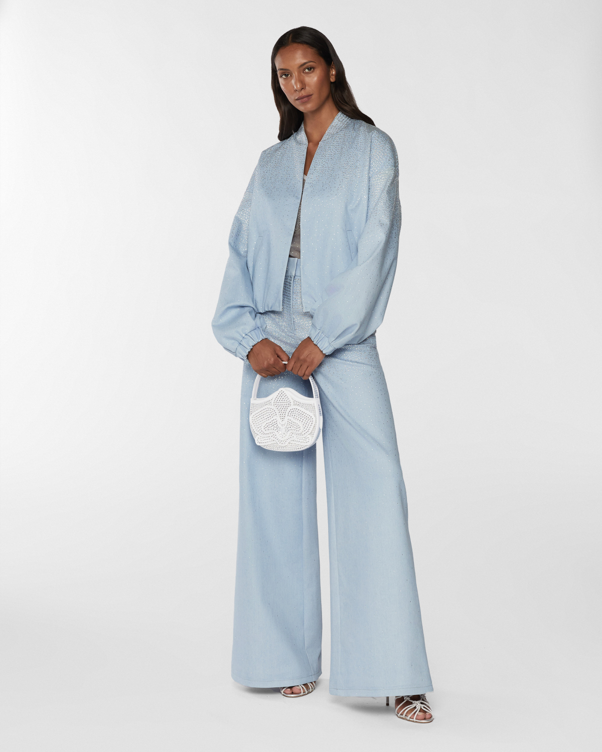 Denim bomber with gradient Blockchain rhinestones | Resort 2025 Collection, Coats & Jackets, Jackets, Spring Summer 2025, Mother’s Day Gifts, Ready to Wear, Highlights, Private sale, Mid season sale -30%, Sale- mid season | Genny