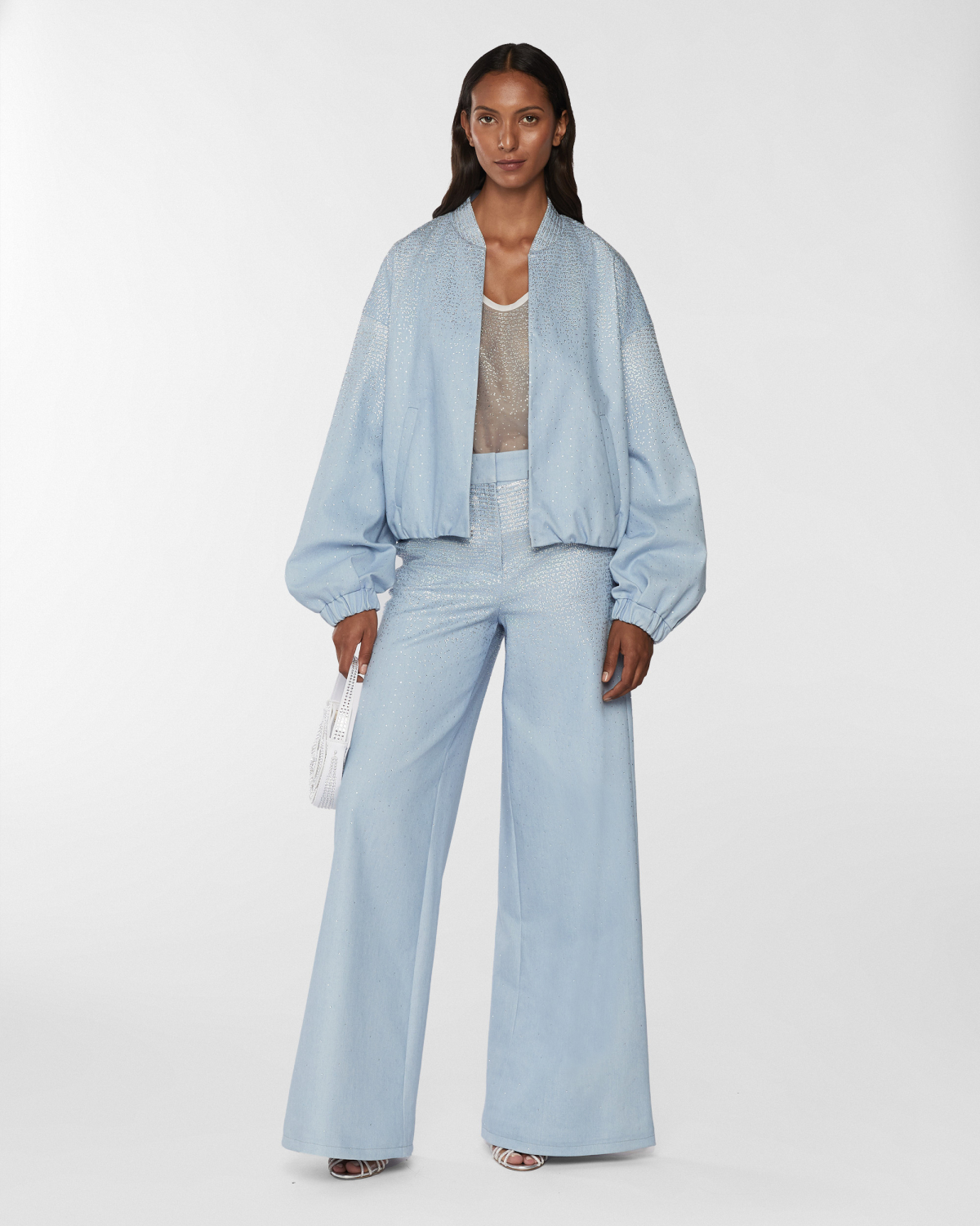 Denim bomber with gradient Blockchain rhinestones | Resort 2025 Collection, Coats & Jackets, Jackets, Spring Summer 2025, Mother’s Day Gifts, Ready to Wear, Highlights, Private sale, Mid season sale -30%, Sale- mid season | Genny