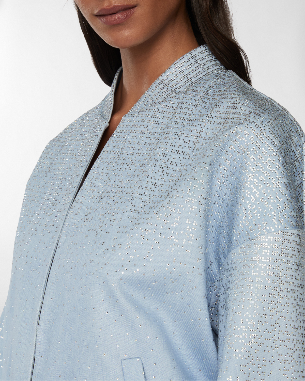 Denim bomber with gradient Blockchain rhinestones | Resort 2025 Collection, Coats & Jackets, Jackets, Spring Summer 2025, Mother’s Day Gifts, Ready to Wear, Highlights, Private sale, Mid season sale -30%, Sale- mid season | Genny