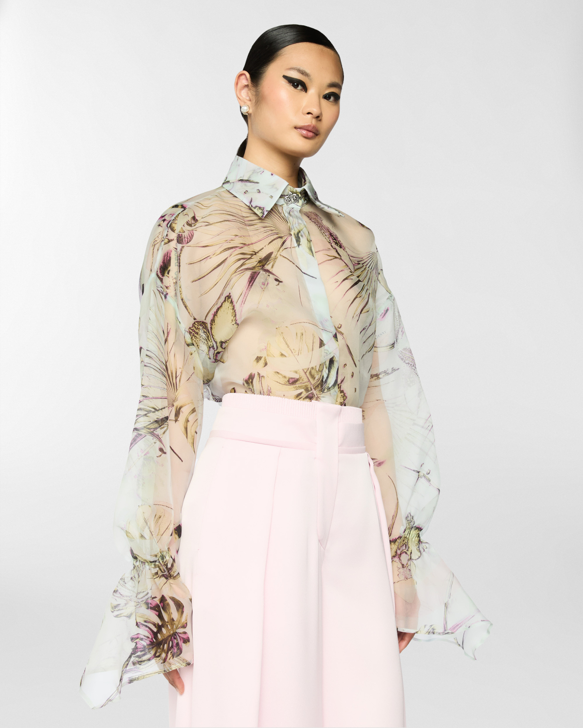 Jungle Orchids silk organza shirt | Spring Summer 2025 Collection, Blouses, Tops & Blouses, Shirts, Spring Summer 2025, Ceremony Outfit, Formal Suit, Mother’s Day Gifts, Ready to Wear, Highlights, Private sale, Mid season sale -30%, Sale- mid season | Genny