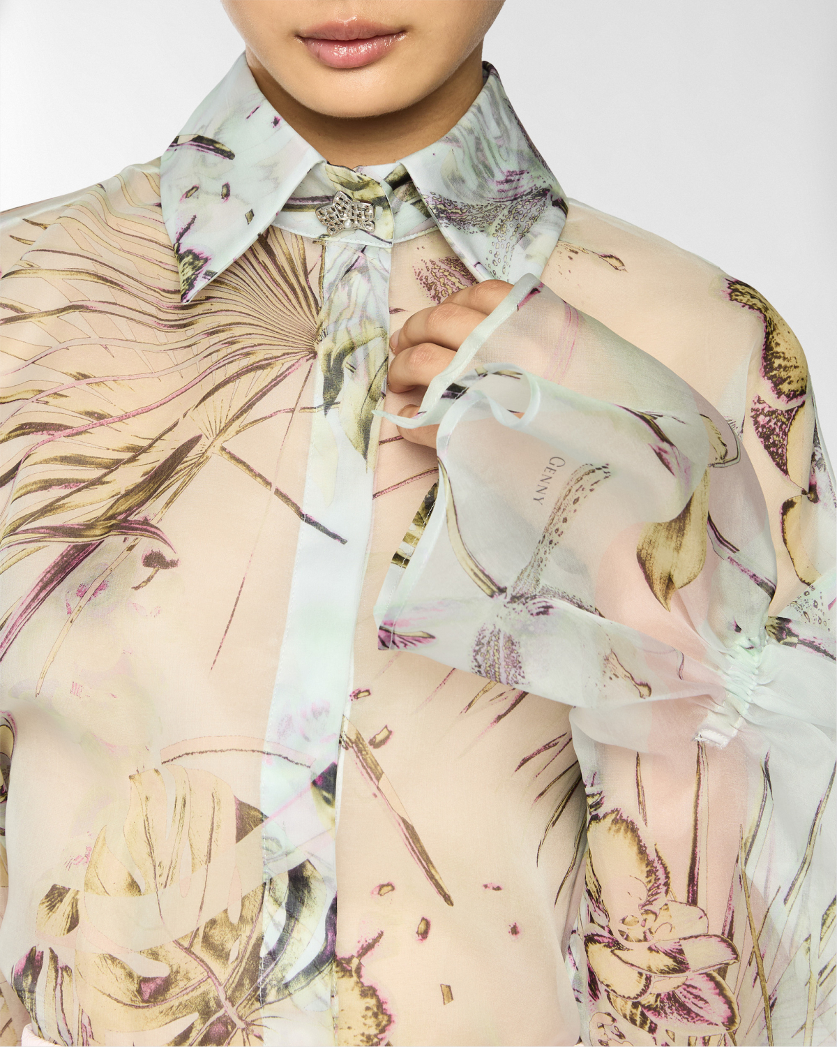Jungle Orchids silk organza shirt | Spring Summer 2025 Collection, Blouses, Tops & Blouses, Shirts, Spring Summer 2025, Ceremony Outfit, Formal Suit, Mother’s Day Gifts, Ready to Wear, Highlights, Private sale, Mid season sale -30%, Sale- mid season | Genny