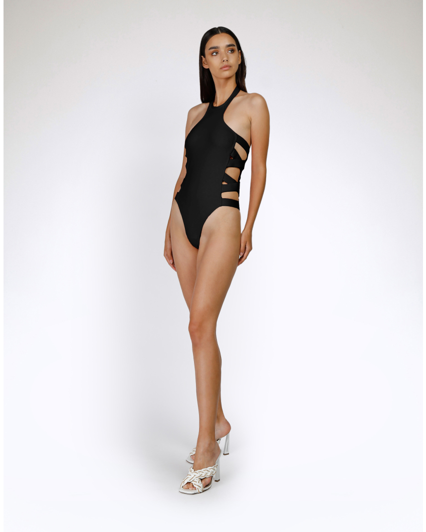 Black halter neckline swimsuit