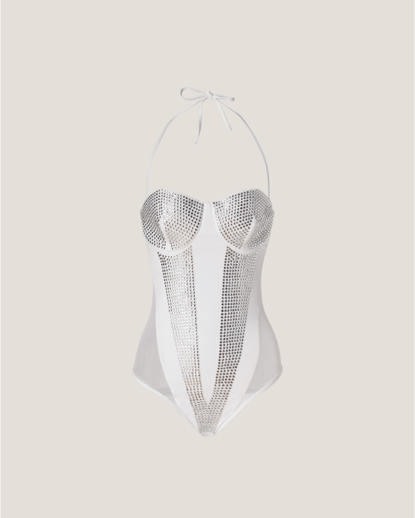 White rhinestoned swimsuit 