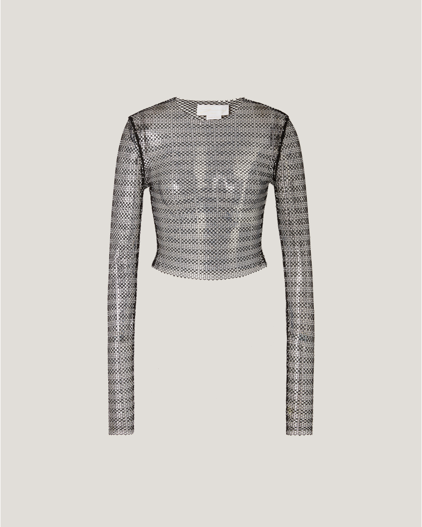 Striped mesh rhinestone top