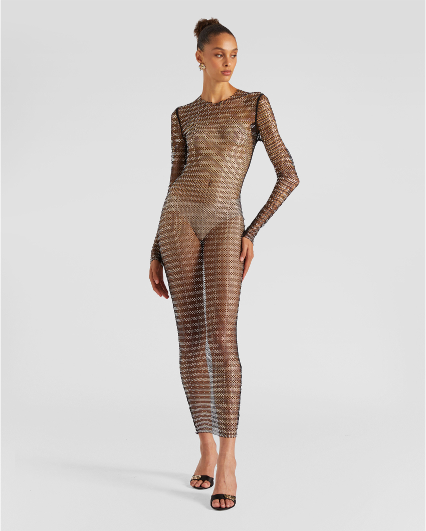 Striped mesh rhinestone dress