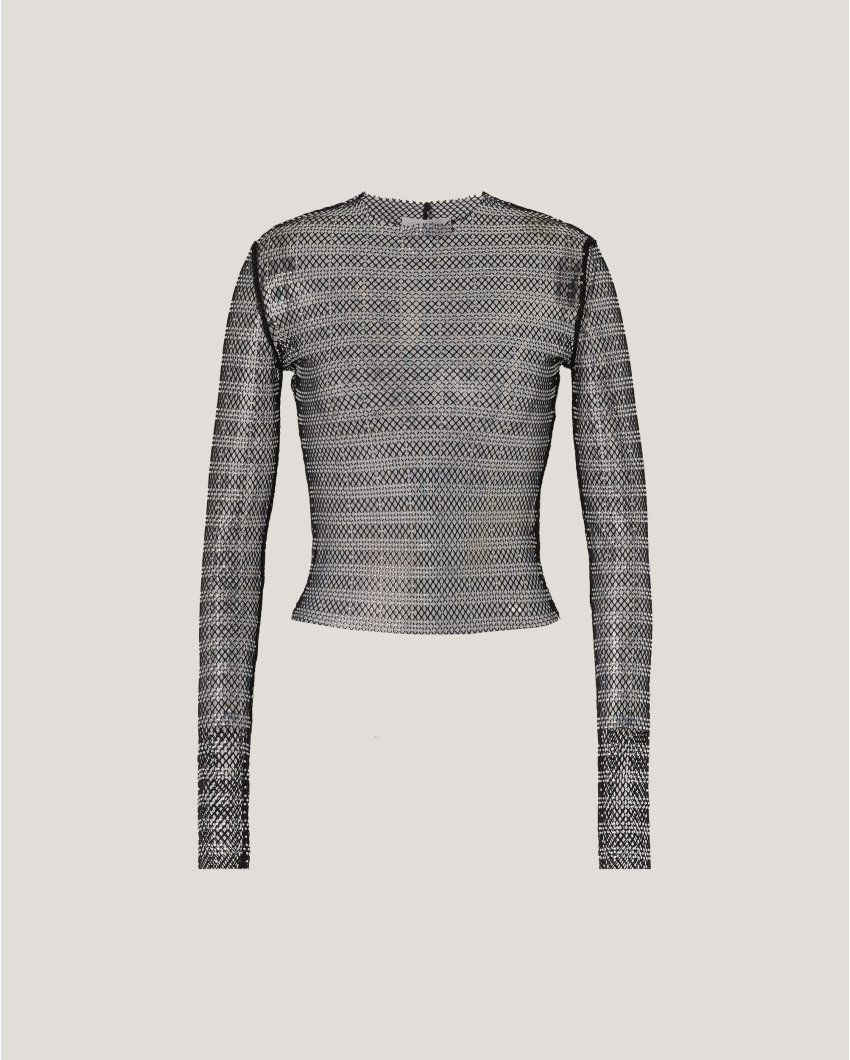 Tailored top with rhinestone mesh