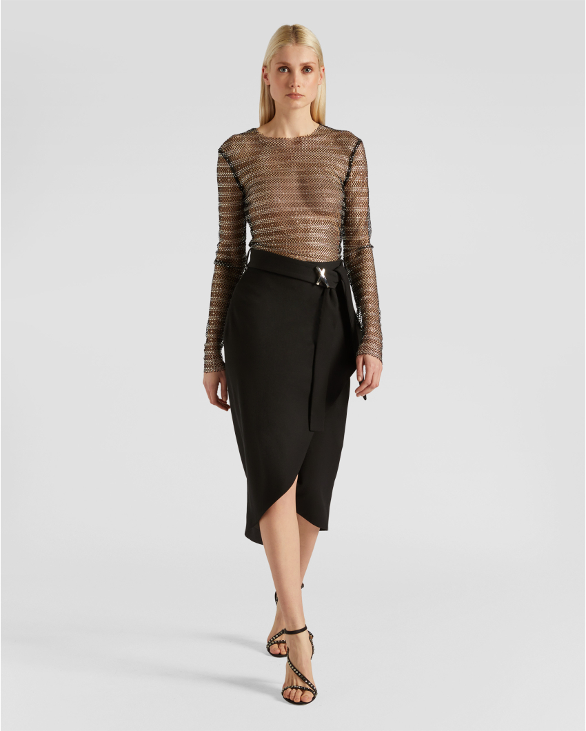 Tailored top with rhinestone mesh