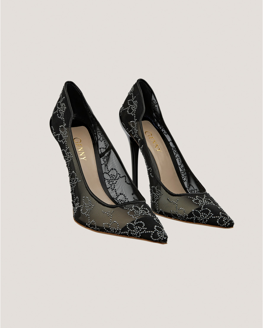 Mesh rhinestone Orchids pumps