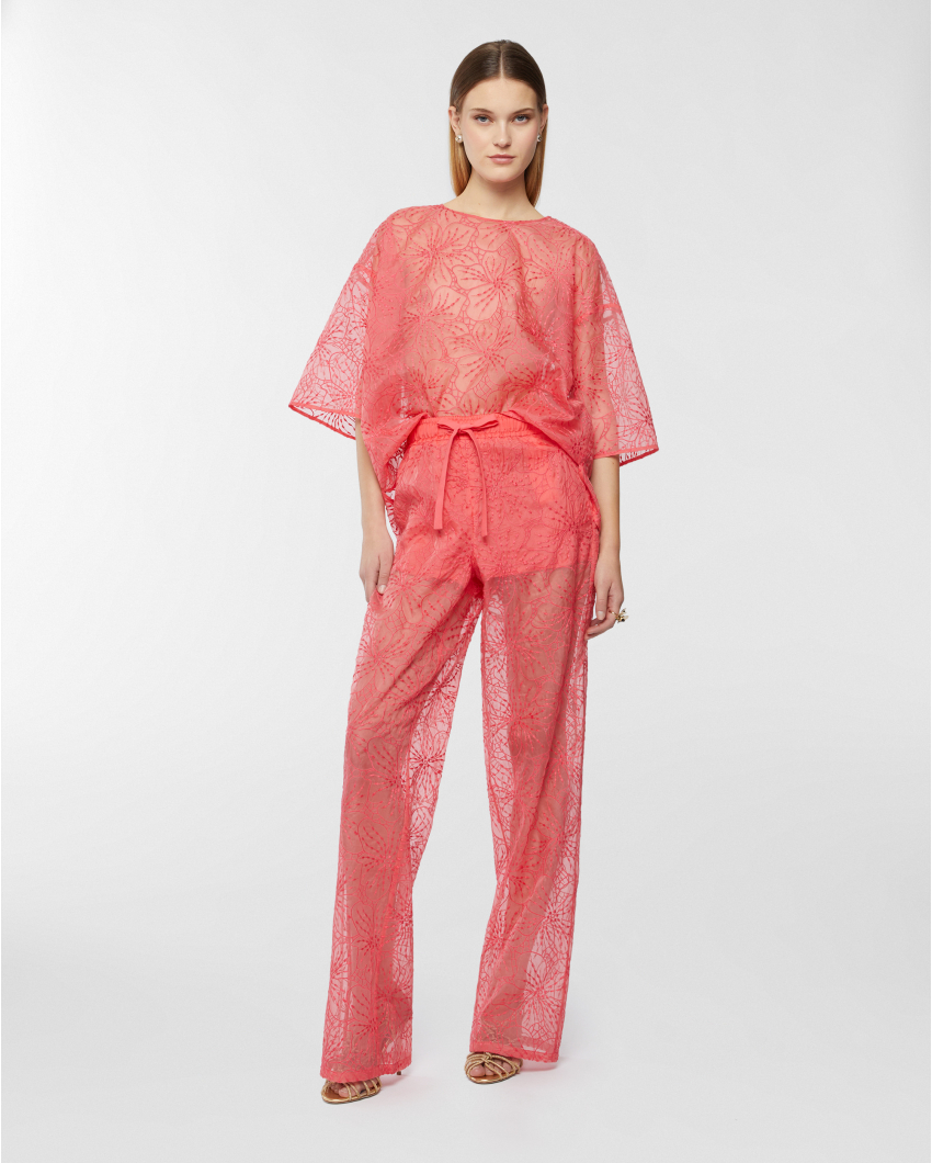 Drawstring silk embroidered pants