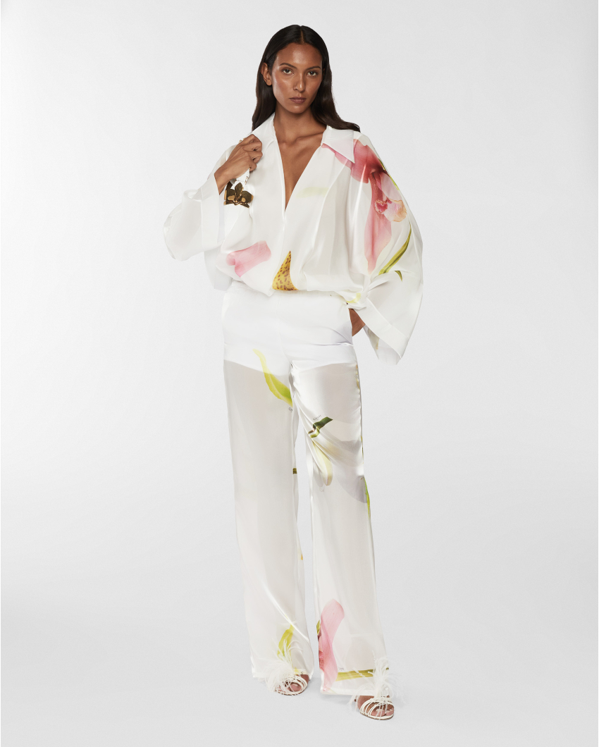 Kimono-Style organza shirt with Orchid print