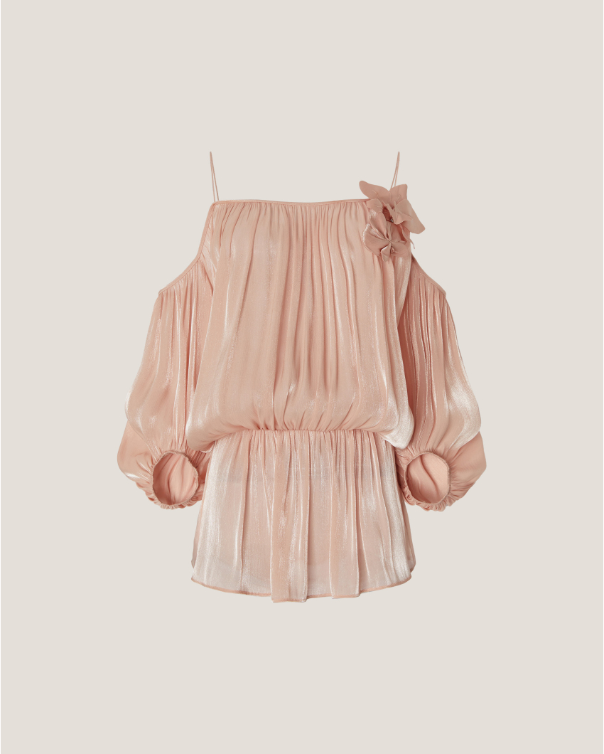 Draped top with three-dimensional Orchids