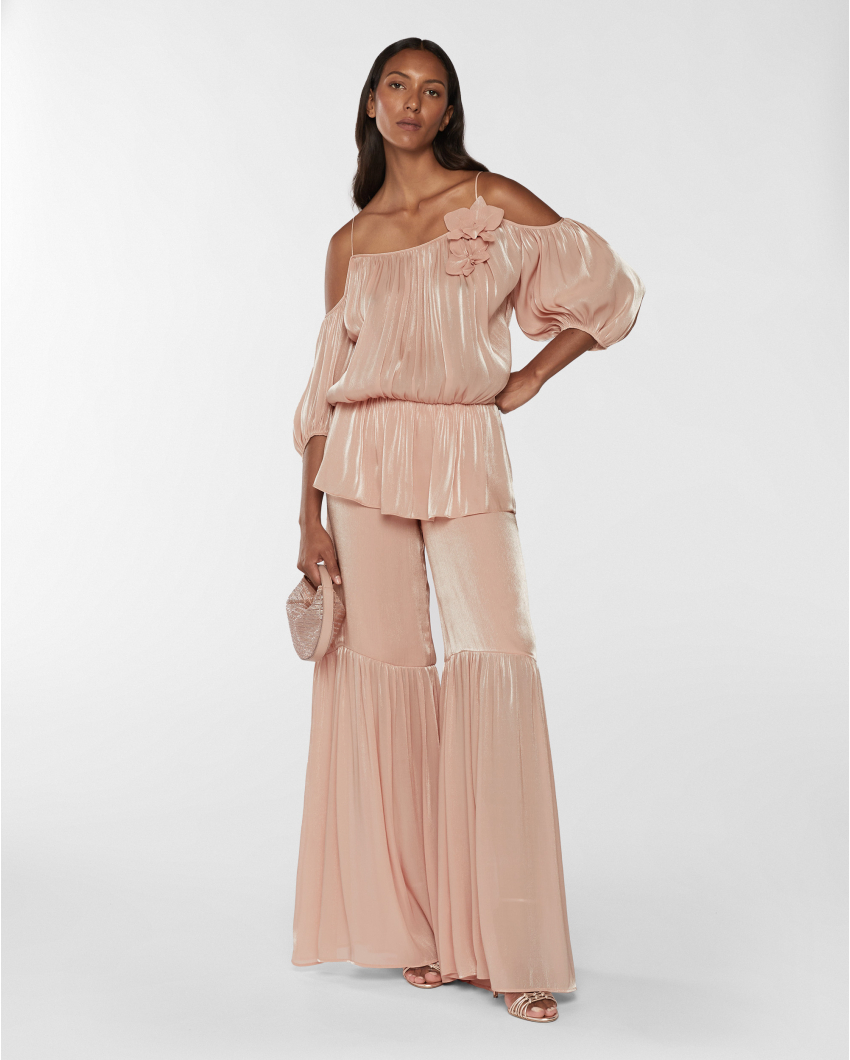 Draped top with three-dimensional Orchids