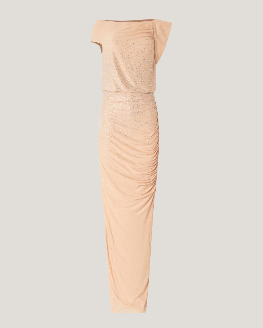 Long dress with draping and rhinestones