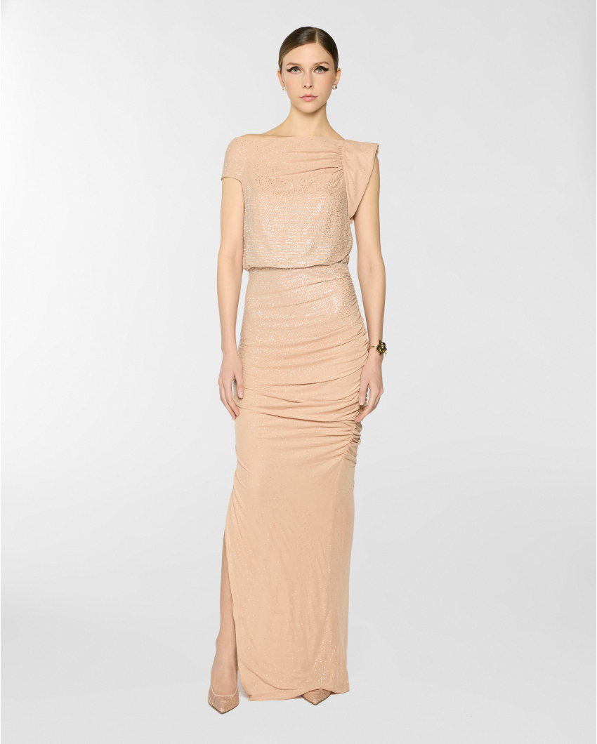 Long dress with draping and rhinestones