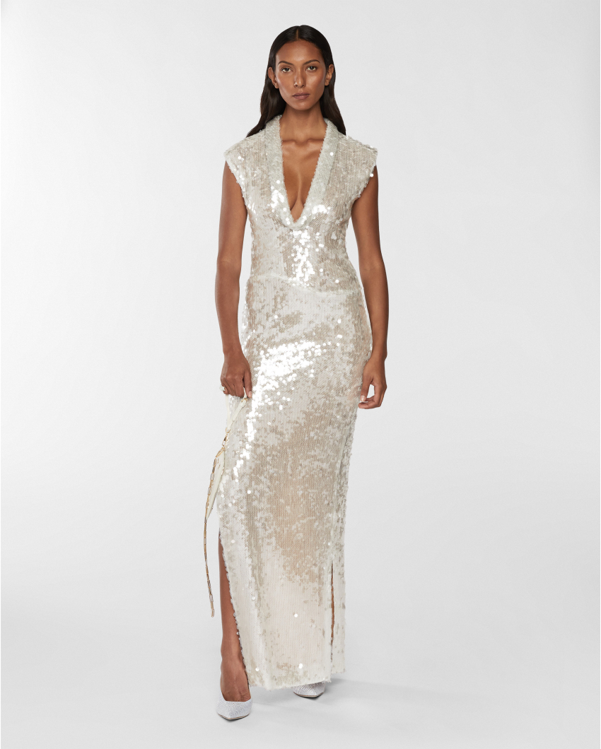 Sequin dress with draped neckline