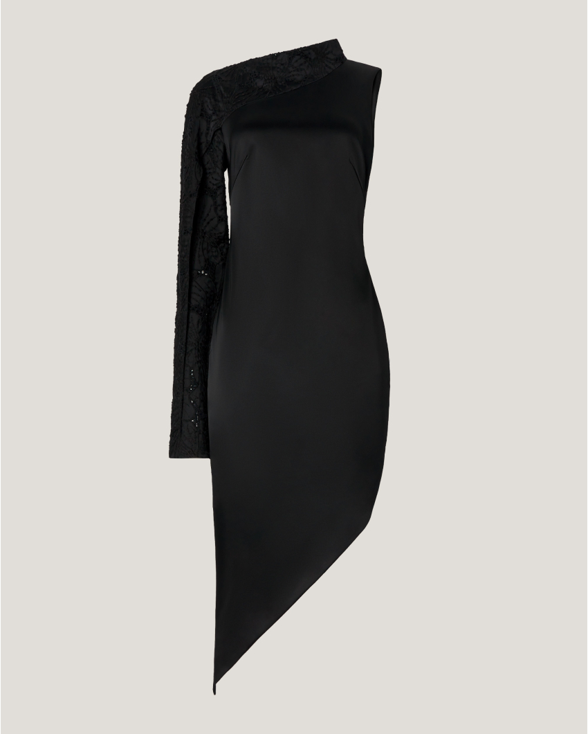 One-shoulder dress with embroidered sleeve