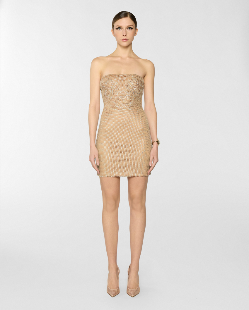 Rhinestone mesh dress with Orchids embroidery