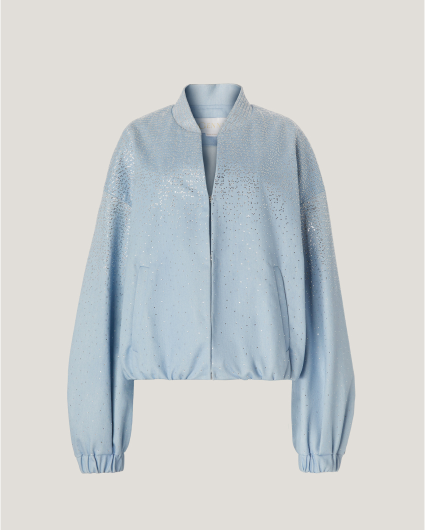 Denim bomber with gradient Blockchain rhinestones
