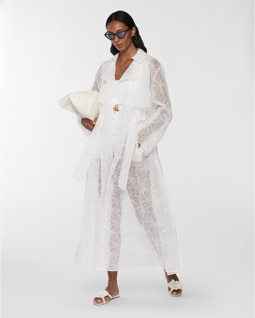 Silk trench with Orchids embroidery