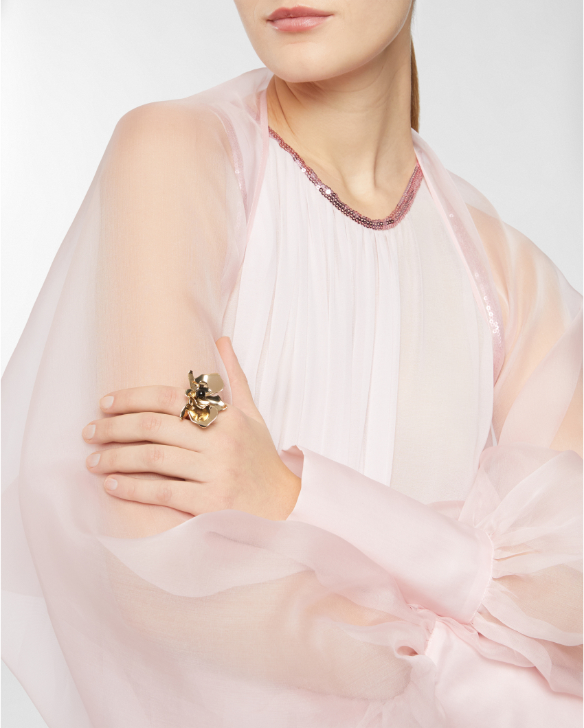 Metal ring with orchid and pearl