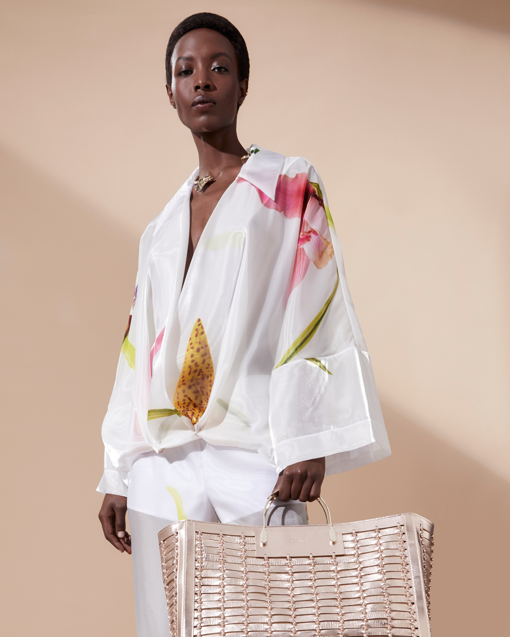 Kimono-Style organza shirt with Orchid print